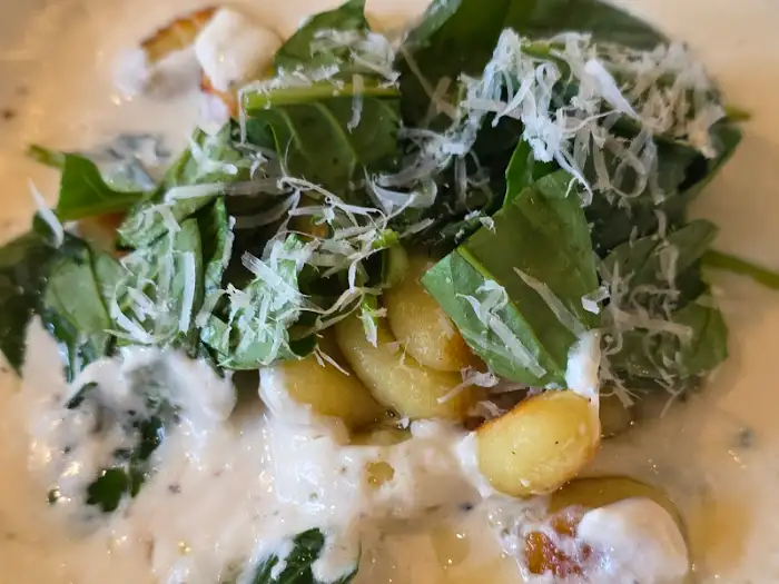 시금치 크림 뇨끼를 가까이에서 찍은 사진, 뇨끼의 쫀득한 질감과 크림 소스의 농도가 잘 보인다.