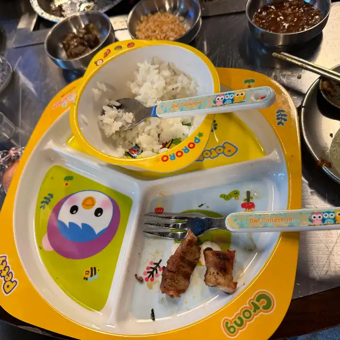 아이용 식기에 담긴 밥과 고기