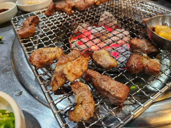 숯불 위에서 맛있게 익어가는 다양한 종류의 고기