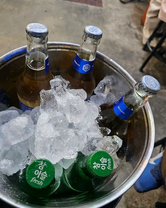 얼음이 담긴 맥주병들