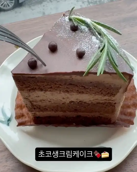 초코 생크림 케이크의 단면과 데코레이션