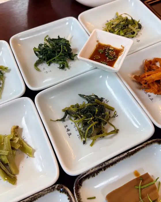 다양한 나물 반찬들이 여러 개의 작은 접시에 담겨 나온 모습. 푸른색, 갈색, 초록색 등 다채로운 색감의 나물들이 정갈하게 담겨 있다.
