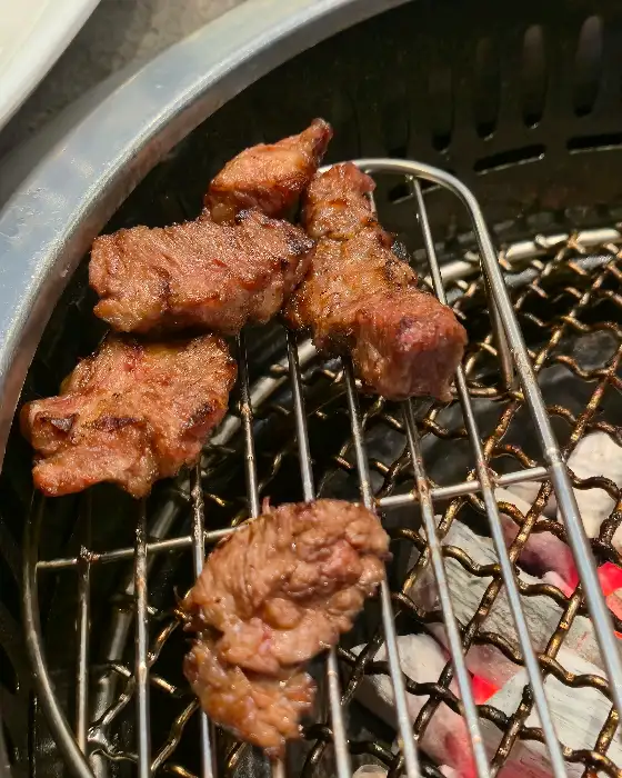 숯불 위에서 맛있게 구워지고 있는 고기 조각들, 확대된 모습