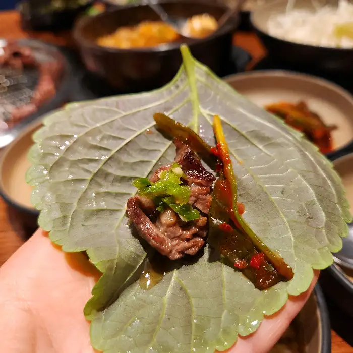 깻잎 위에 싸인 고기와 파, 마늘