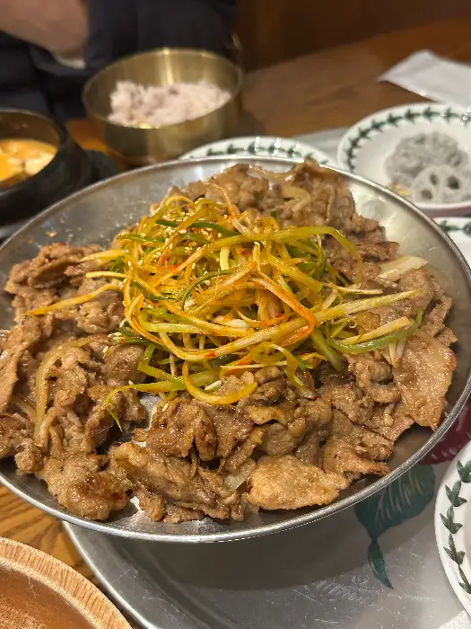 얇게 썰어진 고기가 푸짐하게 담겨 있고, 그 위에 파채가 듬뿍 올라가 있는 모습.