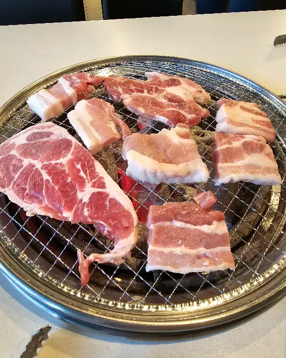 다양한 부위의 신선한 고기가 불판 위에 놓여진 모습
