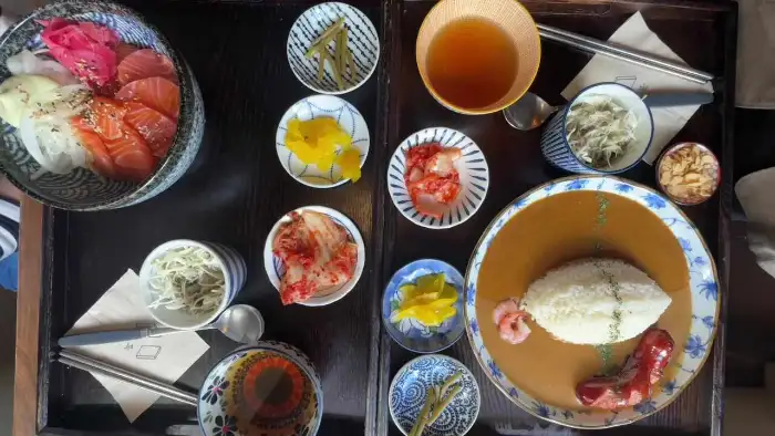 두 가지 스타일의 카레와 덮밥, 그리고 연어 냉우동이 함께 담긴 트레이. 다채로운 메뉴 구성이 돋보인다.