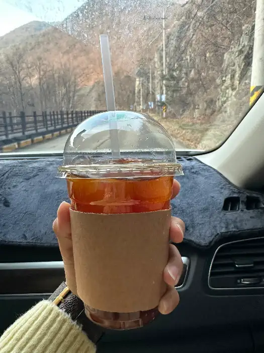 차창 밖 풍경을 배경으로 들고 있는 아이스 음료