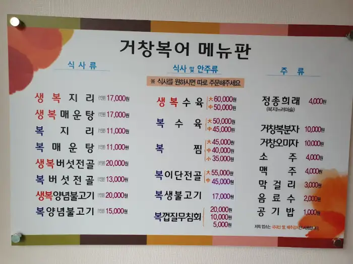 거창복어 메뉴판