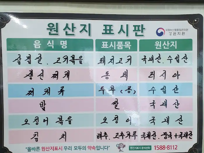 음식 원산지 표시판