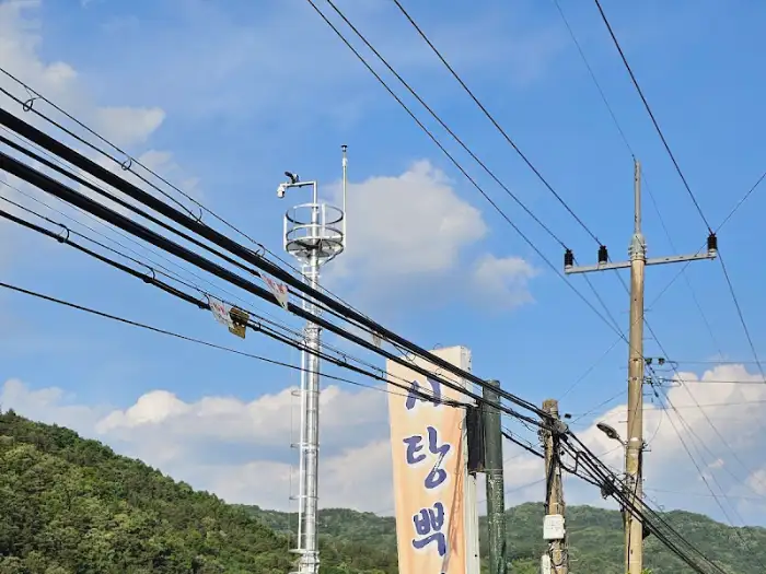 푸른 하늘과 전깃줄, 산 능선