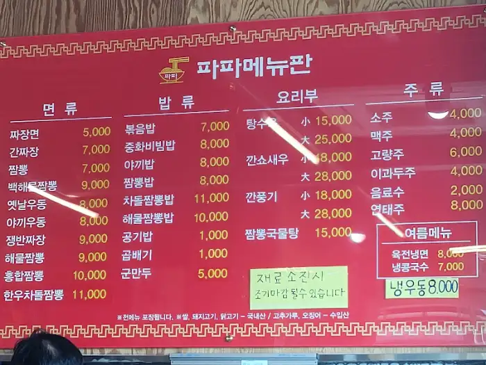 중국집 메뉴판 일부