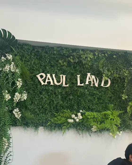 폴랜드 카페의 'PAUL LAND' 로고가 장식된 녹색 벽면