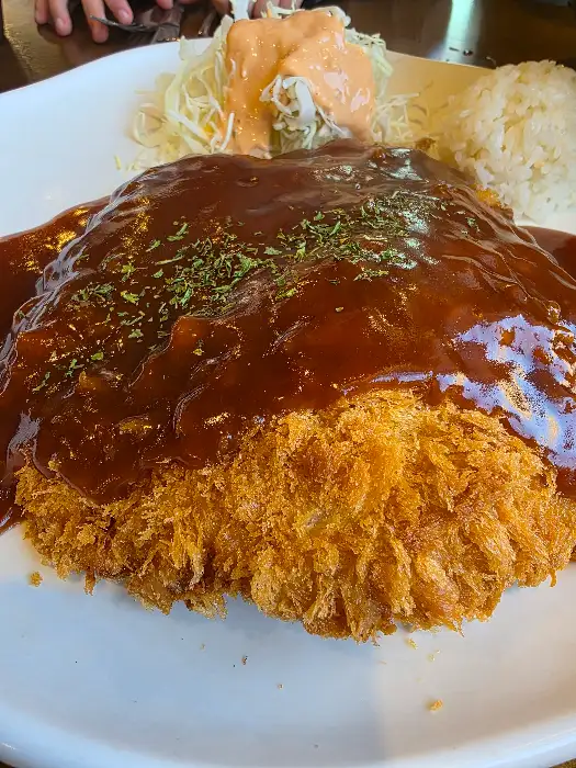 소스가 듬뿍 부어진 푸짐한 돈까스 요리
