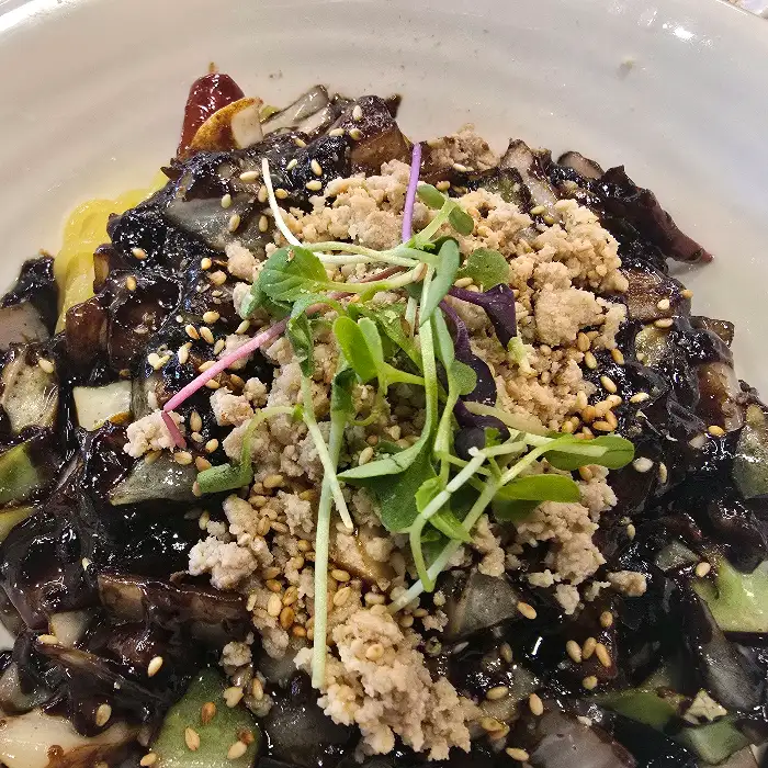 짜장면 클로즈업. 춘장 소스와 채소, 고기 고명이 보인다.