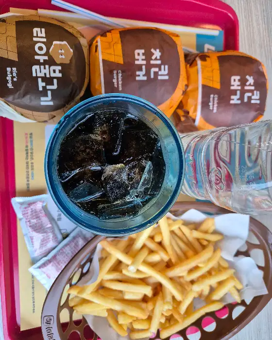 불고기버거, 치킨버거, 감자튀김, 콜라가 담긴 롯데리아 트레이