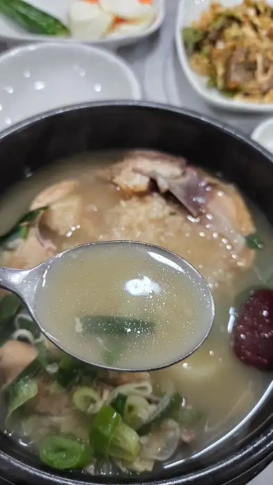 김천 능삼이네 능이삼계탕 클로즈업 사진. 맑고 투명한 국물에 닭 한 마리가 통째로 들어가 있으며, 파와 대추가 고명으로 올라가 있다.