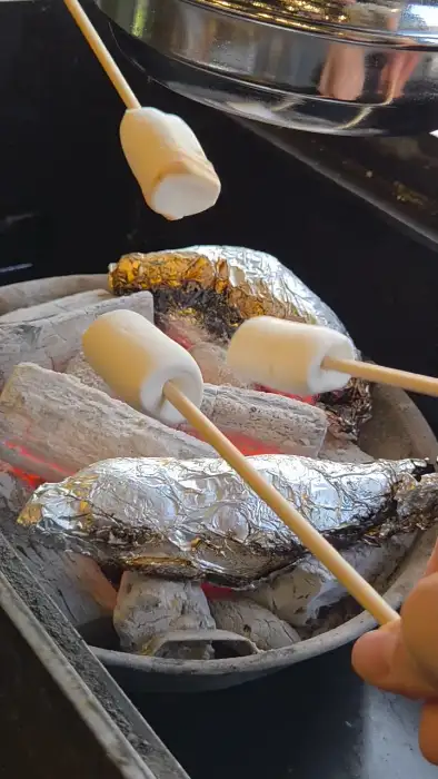 캠핑용 꼬치에 꽂아 숯불에 굽는 마시멜로우