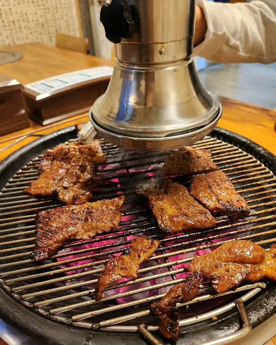 숯불 위에서 더덕구이와 고기들이 함께 구워지고 있는 모습