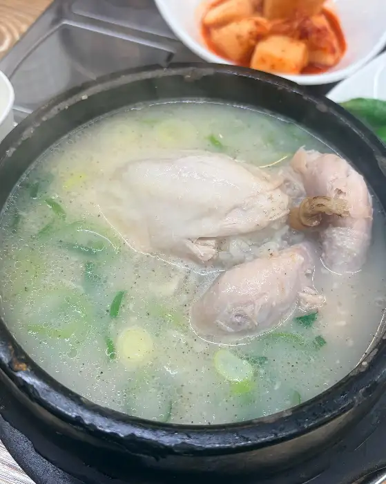 김이 모락모락 나는 삼계탕의 전체 모습