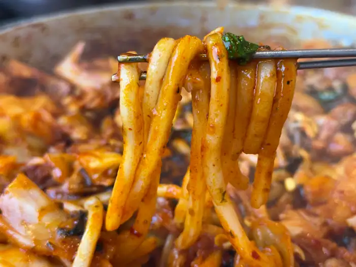 푸짐한 닭갈비에 떡과 우동사리가 어우러진 모습