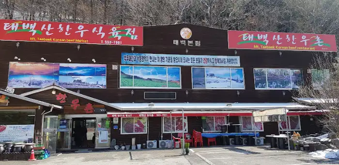 산 아래에 위치한 식당 건물 외부 모습. 간판에 '태백한우육점'이라고 쓰여 있다.