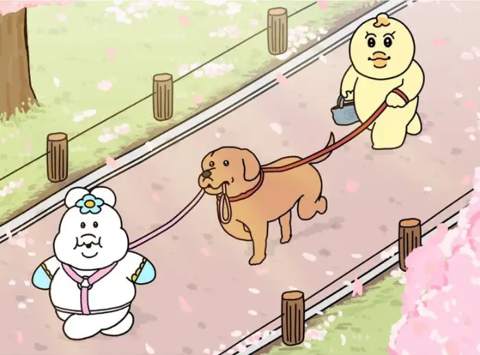 강아지와 산책하는 캐릭터 그림