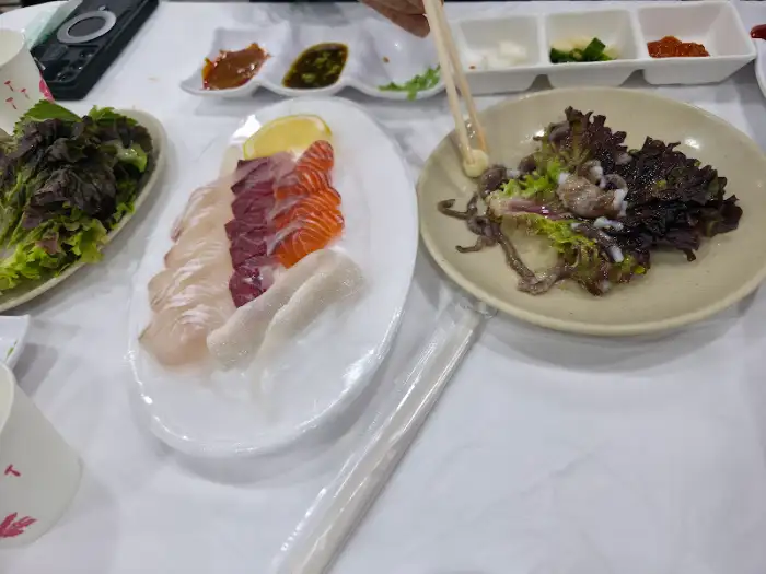 흰색 접시에 가지런히 담긴 연어, 광어, 그리고 또 다른 흰살 생선 회와 레몬 조각