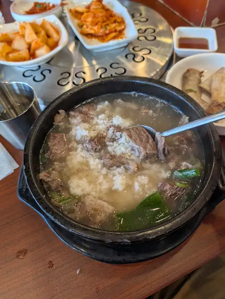 밥과 고기 국물 사진 - 밥이 말려 있는 국물 요리